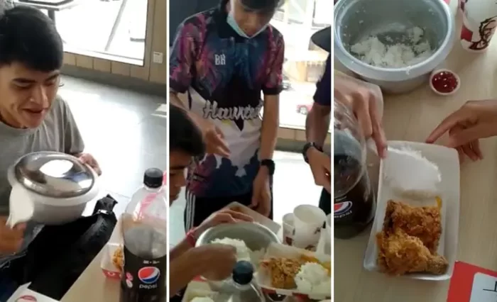 Kelakar! Remaja bawa nasi seperiuk nasi makan di KFC