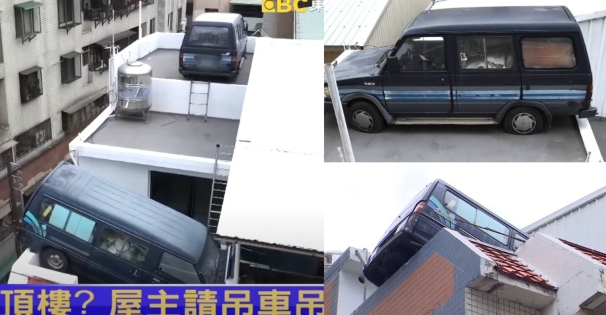 Penat kena saman, lelaki nekad sewa kren angkat van ‘parking’ atas bumbung
